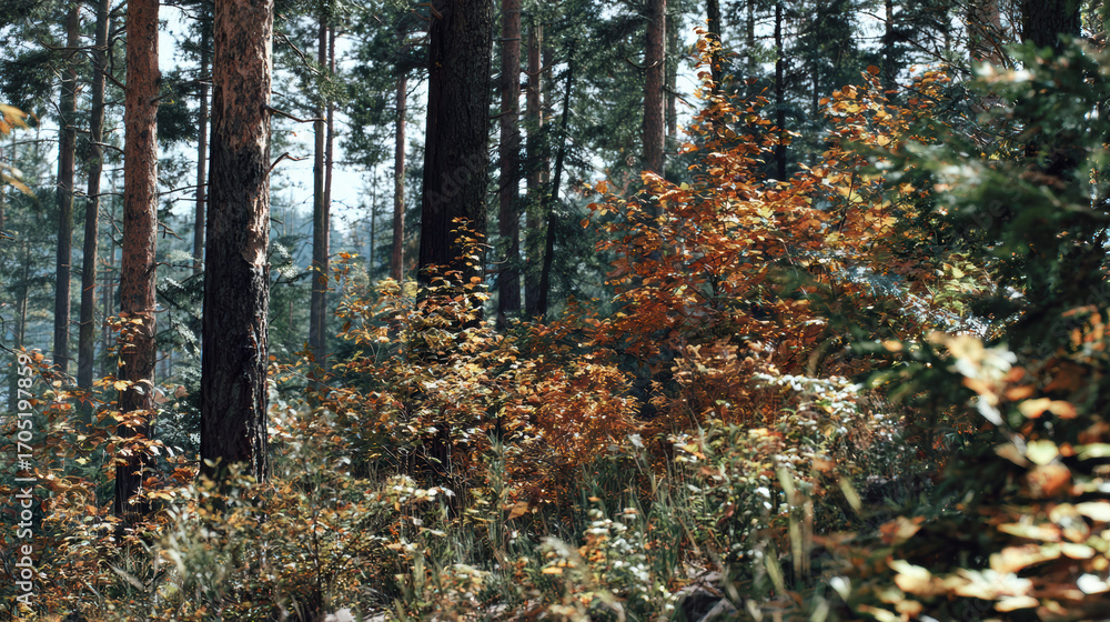 Obraz premium Autumn forest with golden undergrowth and soft sunlight