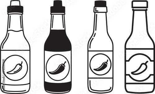 Four bottles of hot sauce with chili pepper labels silhouette