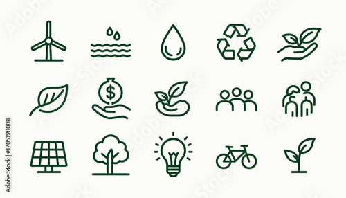 Collection of line art icons representing environmental themes like renewable energy, recycling, conservation, and sustainability.