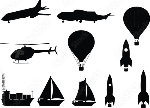 Black vector silhouettes of various transportation modes including airplanes, helicopters, hot air balloons, cargo ships, sailboats, and rockets on white background