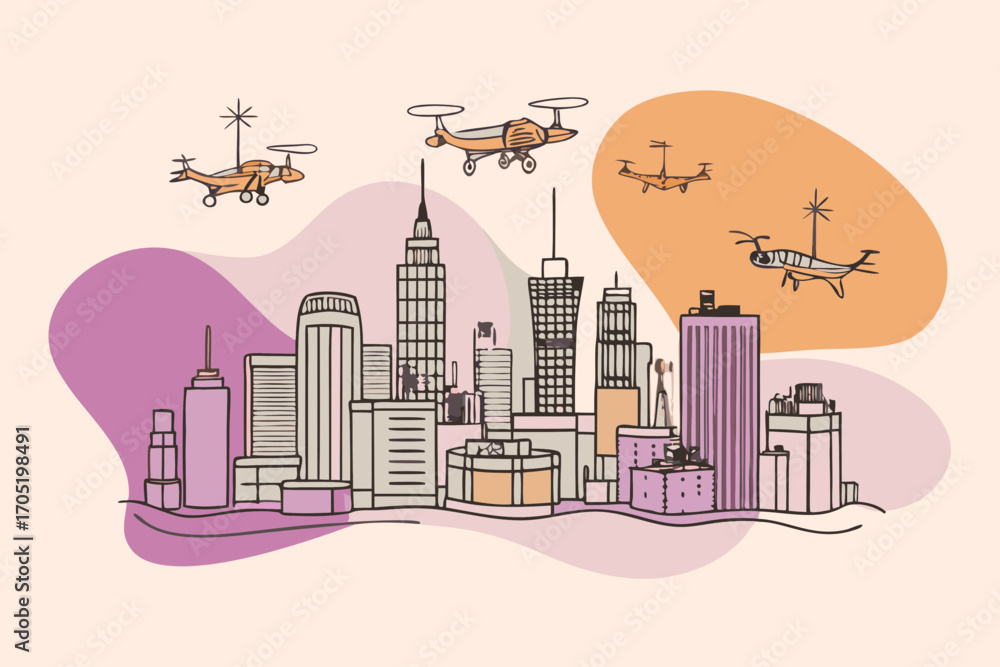 Fototapeta premium Modern city skyline with futuristic drones flying above buildings in a whimsical hand drawn illustration style
