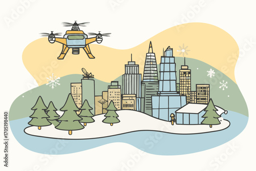 A yellow and blue drone flies over a snowy cityscape with evergreen trees and modern skyscrapers during winter