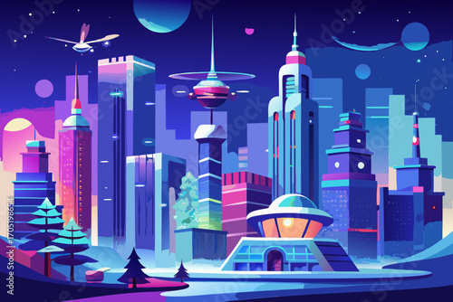 Vibrant futuristic cityscape at night with towering skyscrapers flying vehicles and alien planets in the starry sky