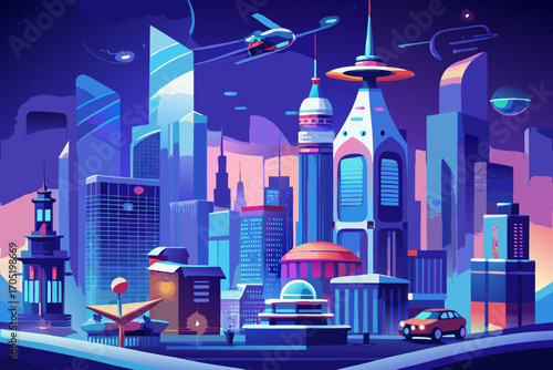 Vibrant futuristic cityscape at dusk with flying vehicles and modern architecture in vivid blue and purple hues