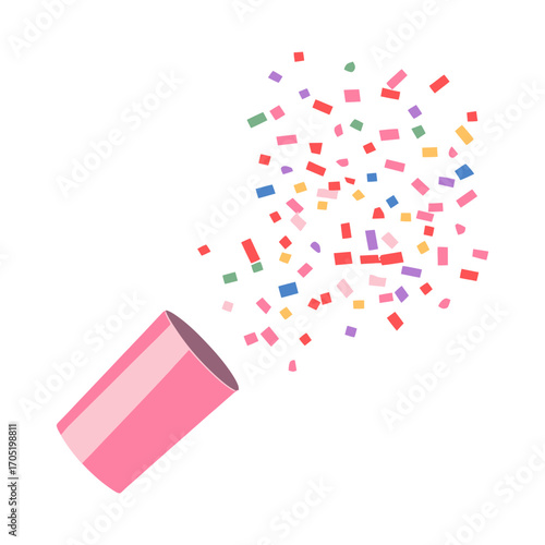 A festive pink confetti popper releasing colorful confetti, ideal for party, celebration, and announcement-themed websites or blogs.

