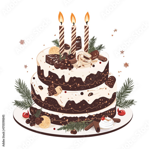 This is a detailed digital illustration of a two-tiered chocolate cake with candles and decorations, perfect for websites or blogs about birthdays, baking, or holiday recipes.

