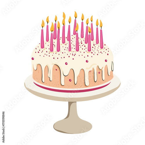 A flat-style illustration of a birthday cake with many lit candles on a stand, suitable for websites or blogs for birthdays, celebrations, or party planning content.

