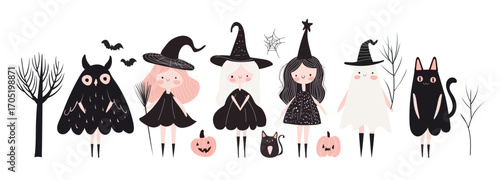 Set of cute funny witches halloween characters. Flat vector illustration isolated on white background.