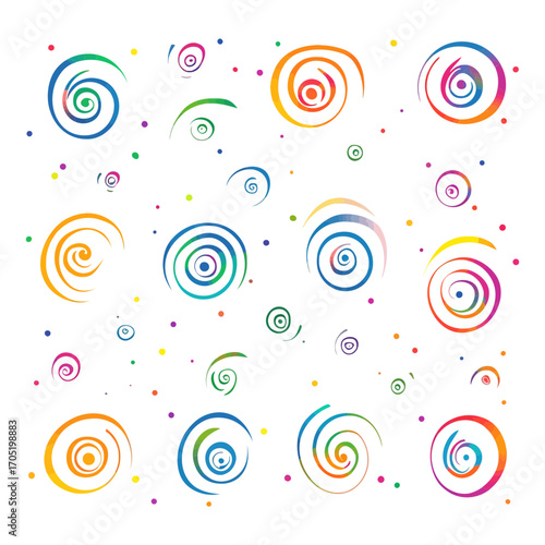 Colorful abstract spiral circles and dots pattern on a white background. Excellent for children's designs, graphic art blogs, or articles on fun, energy, and motion