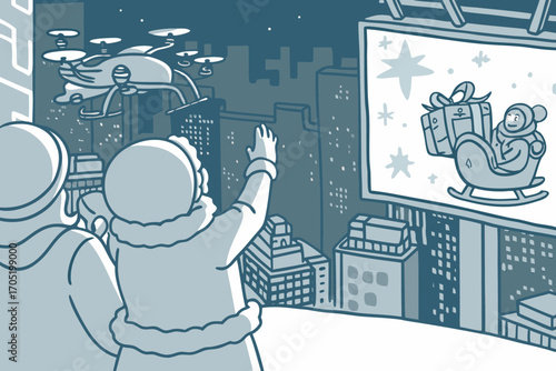 Two people in winter clothing wave at a drone delivering a gift in a sleigh with a christmas billboard in the background at night