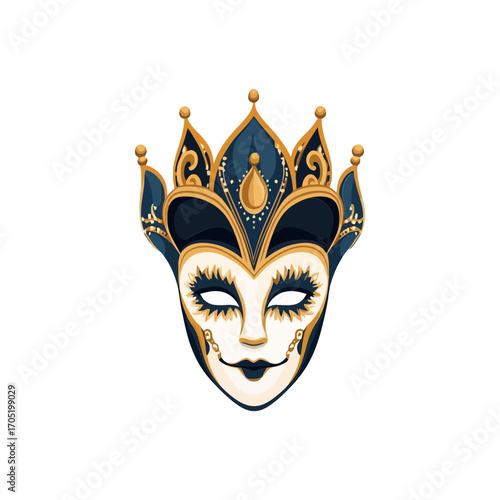 A flat-style illustration of an ornate Venetian mask, perfect for websites or blogs covering carnivals, masquerade balls, theater, or Italian culture.

