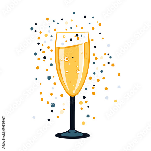 A flat-style illustration of a champagne glass with bubbles and confetti, perfect for websites or blogs for New Year's, celebrations, parties, or special events.

