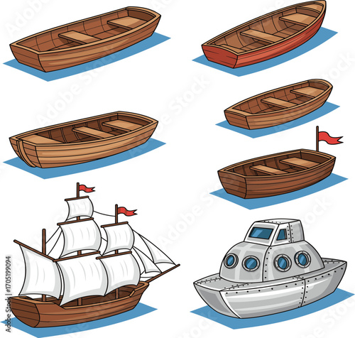 Cartoon boats, sailing ship, rowboats, watercraft icons, marine illustration, nautical design, boat collection, sea transport, ship types, ocean adventure