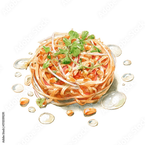 Pad Thai, watercolor drawing vector, isolated on a white background.