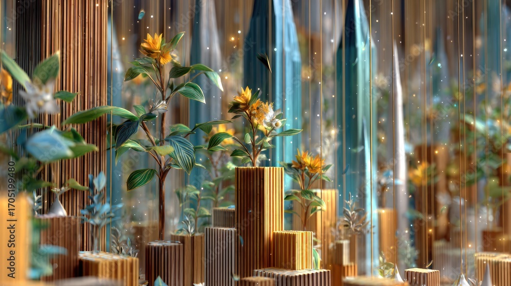 Obraz premium Fantasy Waterfall Garden with Blooming Flowers and Wooden Blocks in Magical Forest Scene