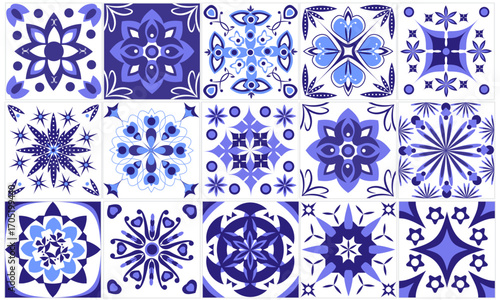 Italian ceramic blue and white tile pattern. Mediterranean porcelain pottery. Ethnic folk ornament. Mexican talavera, Portuguese azulejo, Spanish majolica, arabesque motif. Vector illustration
