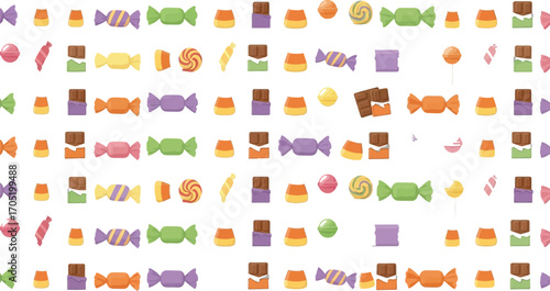 Seamless pattern featuring an assortment of halloween candies, including candy corn, chocolate bars, lollipops, and wrapped sweets