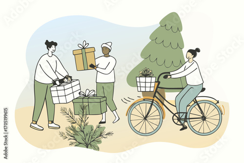 Friends exchanging christmas presents outdoors with a bicycle and a decorated pine tree in a charming flat illustration style