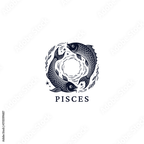 engraving of two fish swimming in a circular motion, forming a symbol reminiscent representing the Pisces zodiac sig. Vector template illustration