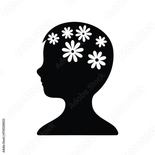 Silhouette of a child's head filled with floral designs representing imagination