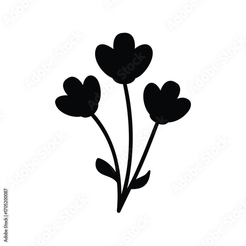 Silhouette of three flowers with stems and leaves on a white background