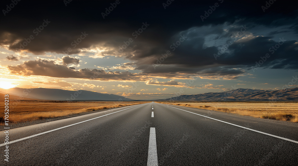 Naklejka premium Dramatic desert road at sunset leading to mountains in golden light scenic