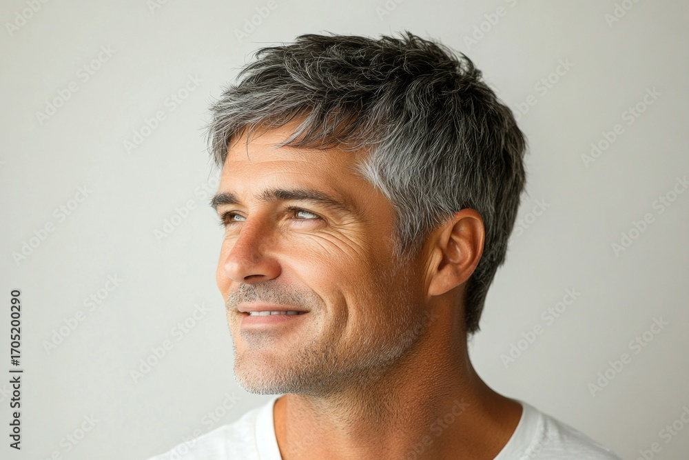 Fototapeta premium Pure white solid background. Fashionable men's crew cut haircut