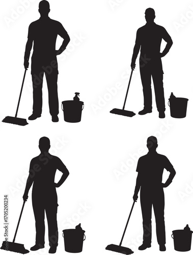 Four silhouette poses of a person mopping floor with bucket
