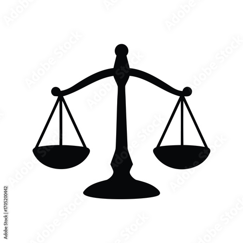 Simple silhouette of balance scales symbolizing justice and legal processes, black and white
