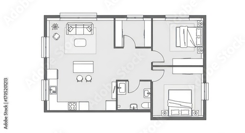 Apartment floorplan with living, kitchen, bath and two bedrooms in monochrome
