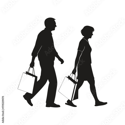 Walking black silhouettes of business people with luggage, shopping bags, and style