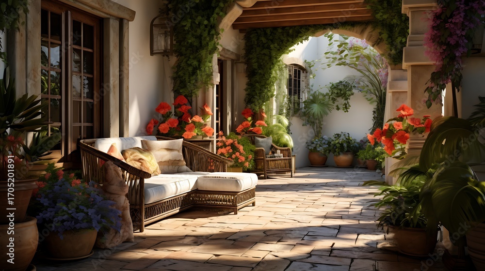 Obraz premium Tranquil Mediterranean Courtyard Oasis with Lush Greenery and Warm Stone Pavers creates serenity