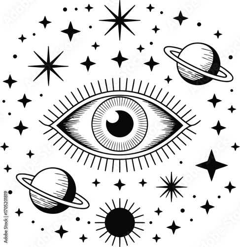 Black and white celestial eye with planets and stars