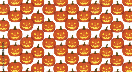Seamless pattern of glowing jack-o'-lanterns, creating a festive and spooky halloween backdrop with a cheerful atmosphere