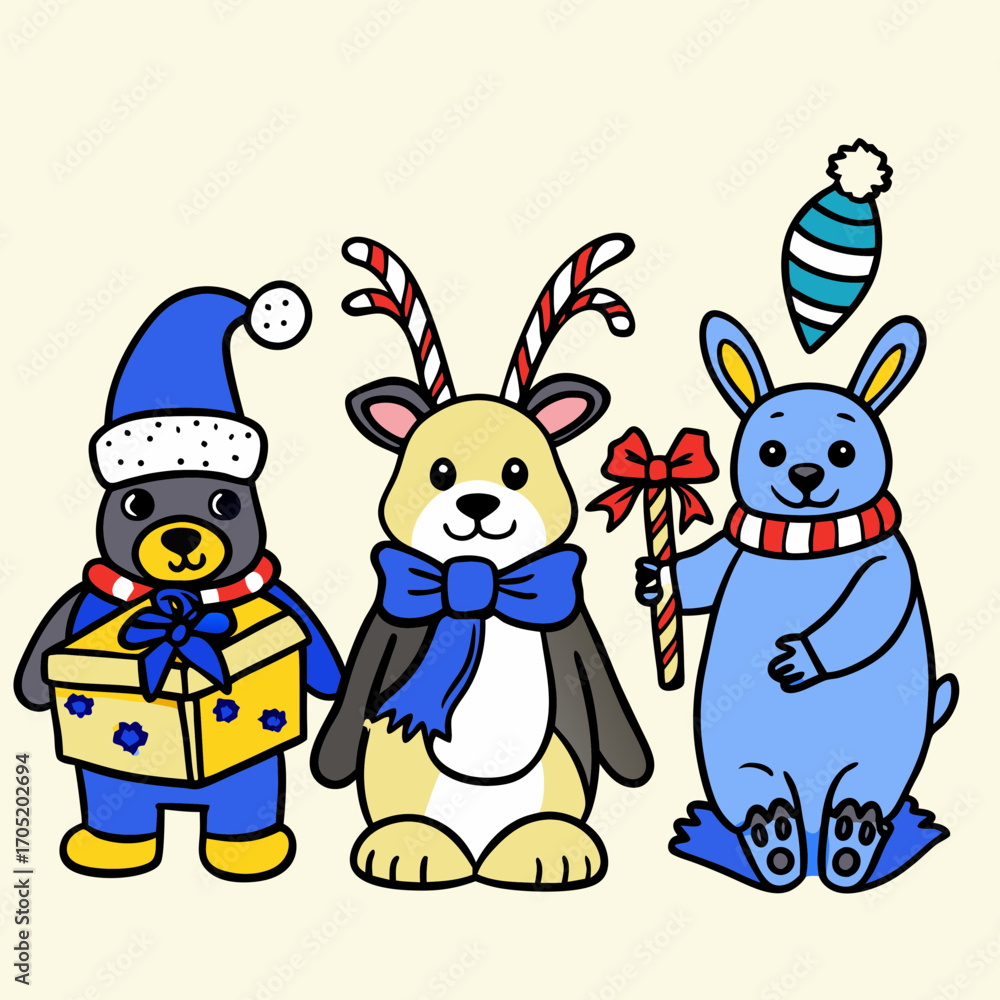 Obraz premium Cute cartoon teddy bear reindeer and bunny characters dressed in festive holiday attire and accessories holding gifts and candy canes