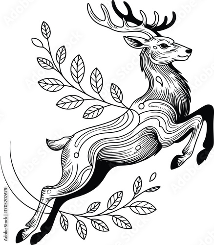 Black and white leaping deer with foliage illustration
