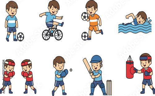 Cartoon children sports illustration, diverse kids in athletic activities vector, soccer swimming boxing cricket table tennis clipart for fitness design