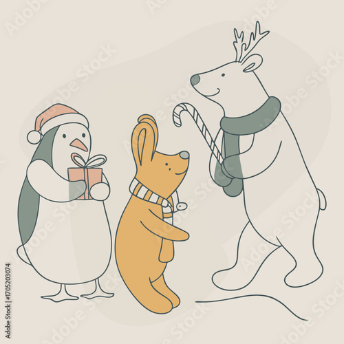 Cute cartoon penguin holding a gift a friendly dog wearing a scarf and a polar bear with antlers and a candy cane celebrating together
