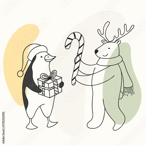 Cute penguin in santa hat giving a gift to a polar bear holding a candy cane with abstract shapes in the background