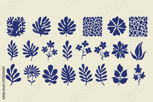 Matisse inspired curves and abstract floral art set groovy organic doodle shapes in retro hippie style with blue botanical vector illustration.eps