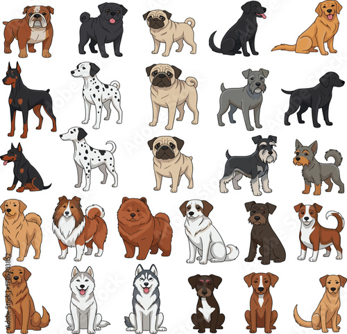 Cartoon dog breeds, pet illustration, cute animals, puppy collection, dog icons, breed variety, playful pets, educational design, animal grid, canine art