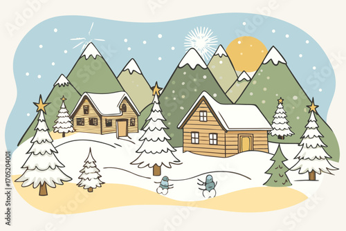 Charming winter scene with snow covered cabins pine trees mountains and a gentle snowfall under a bright sun and festive sky