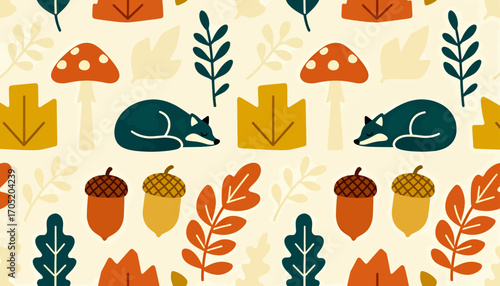 Autumnal woodland pattern featuring foxes, mushrooms, leaves, and acorns.