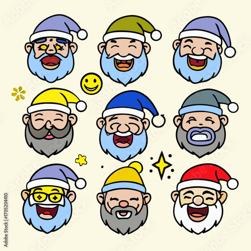 Collection of nine cheerful cartoon santa claus faces with different colored hats and expressions isolated on a cream background with festive embellishments