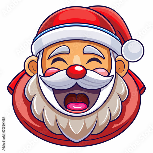 Joyful cartoon illustration of santa claus face with rosy cheeks and a big open mouth laughing heartily during the christmas season