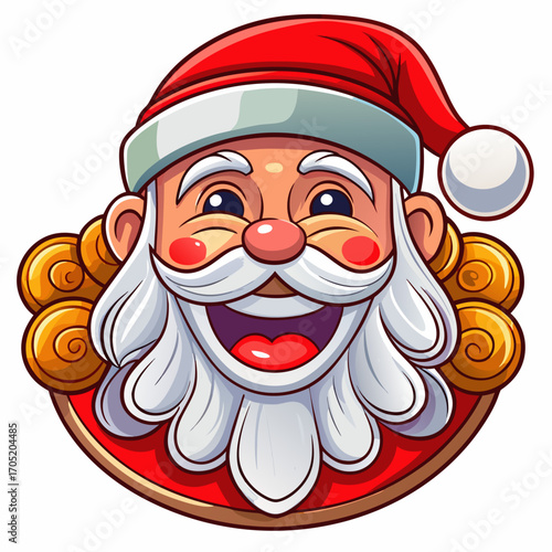 Joyful cartoon santa claus face with twinkling eyes rosy cheeks and a wide open mouth showing his teeth and tongue