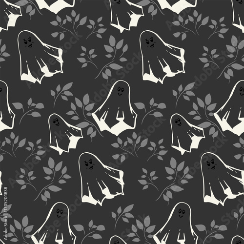 Seamless Halloween vector pattern with cute smiling ghosts and leafy branches on dark background. Fun spooky design for holiday decor, textiles, party invitations, wrapping