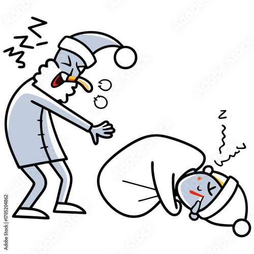Cartoon character in pajamas snoring loudly while another character sleeps soundly nearby with zzzs above their head