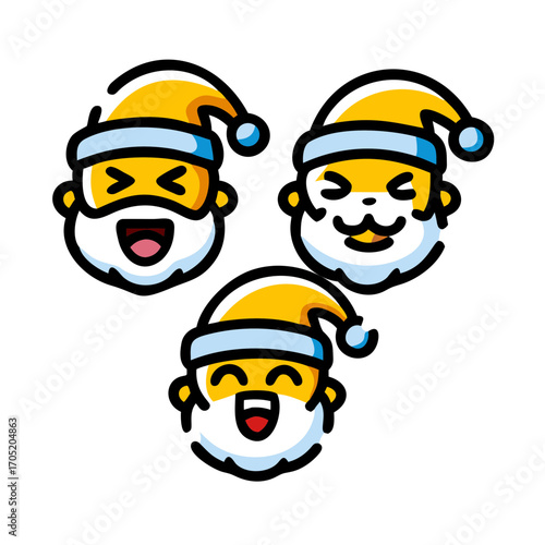 Three cute cartoon santa claus faces with different expressions and yellow hats on a black background