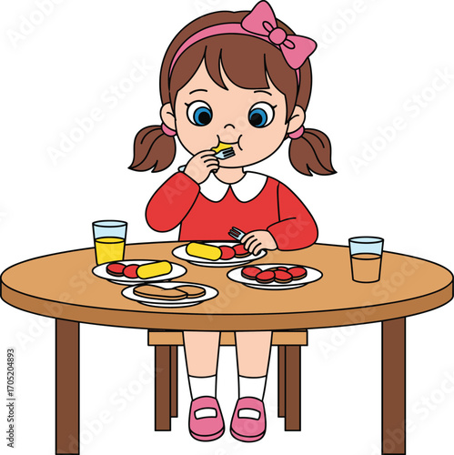 Cartoon girl eating food, child mealtime illustration, colorful lunch scene, happy kid dining, table setting with drinks and snacks